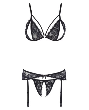 Ensemble trois pièces avec soutien-gorge fendu, porte-jarretelles et string noir 
