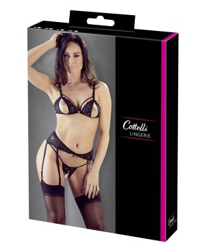 Ensemble trois pièces avec soutien-gorge fendu, porte-jarretelles et string noir 