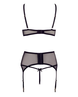 Soutien-gorge dentelle, porte-jarretelles et string ouvert noir 