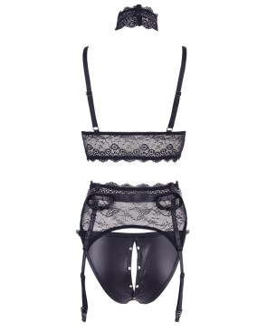 Ensemble soutien-gorge, porte jarretelles et culotte noir sexy 