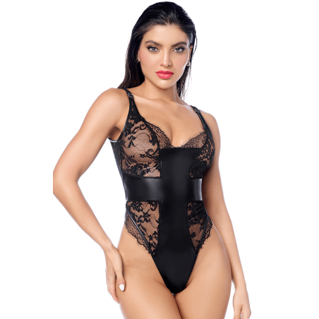 Body sexy noir dentelle similicuir
