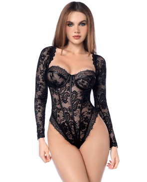 Body sexy manches longues en dentelle gothique et détails effet cuir