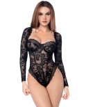 Body sexy manches longues en dentelle gothique et détails effet cuir Body sexy manches longues en dentelle gothique et détails effet cuir
