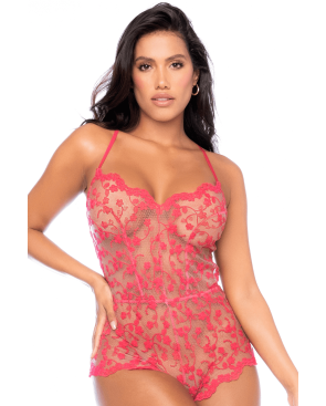 Combishort en dentelle transparente couleur cerise 