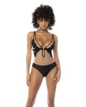 Body Flora noir et chair, avec une fine résille transparente, bretelles ajustables