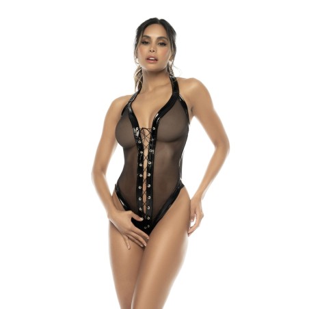 Bodystring Willa noir en vinyl et tulle avec laçage sur le devant