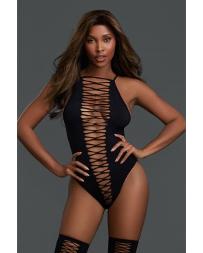 Body opaque avec croisillons et bas assortis 
