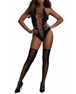 Body opaque avec croisillons et bas assortis 