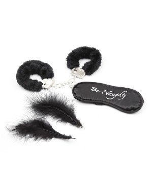 Kit coquin 4 pièces : Menottes, 1 plume et masque