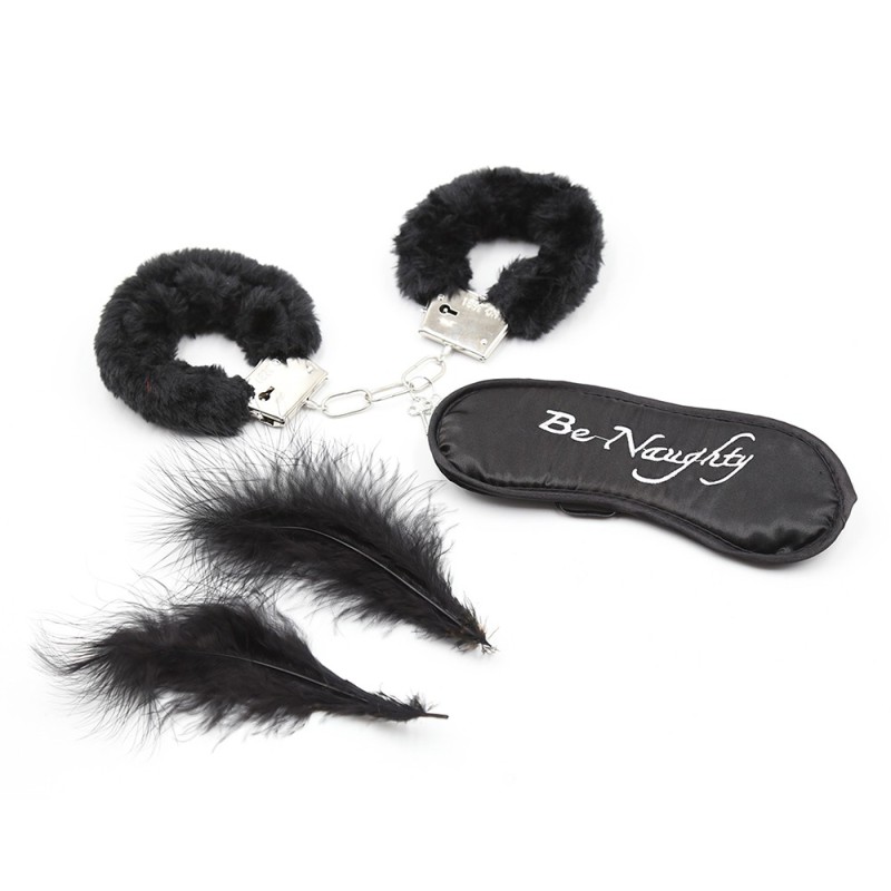 Kit coquin 4 pièces : Menottes, 1 plume et masque Kit coquin 4 pièces : Menottes, 1 plume et masque