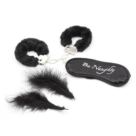 Kit coquin 4 pièces : Menottes, 1 plume et masque