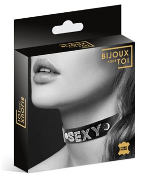 Collier en cuir noir SM avec Sexy en strass 
