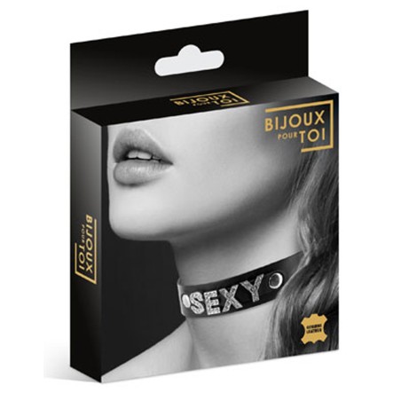 Collier en cuir noir SM avec Sexy en strass 