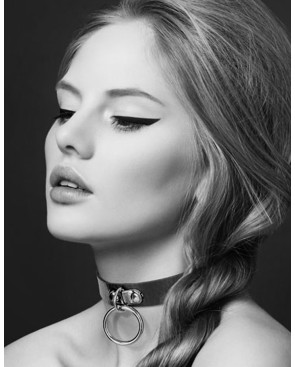 Collier en cuir noir SM avec anneau métal argenté pour laisse
