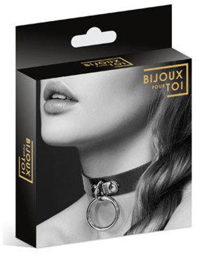 Collier en cuir noir SM avec anneau métal argenté pour laisse