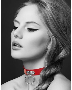 Collier en cuir rouge SM avec anneau métal argenté pour laisse