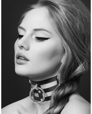 Collier en cuir noir SM triple lanière avec anneau métal argenté 