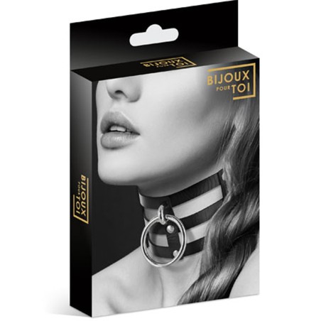 Collier en cuir noir SM triple lanière avec anneau métal argenté 