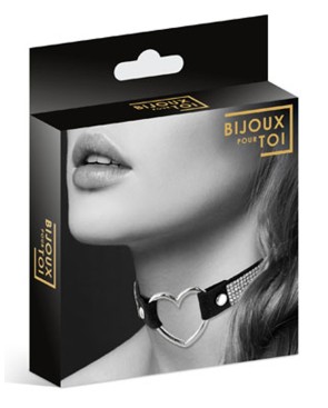 Collier en cuir noir SM avec bande de strass et coeur métal argenté 
