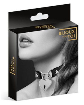 Collier en cuir noir SM avec pendentif cadenas coeur argenté