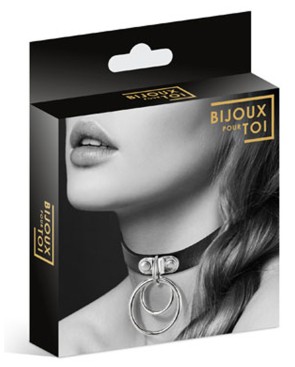 Collier en cuir noir SM avec double anneau métal argenté pour laisse
