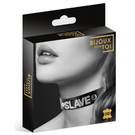 Collier en cuir noir SM avec Slave en strass 