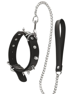 Collier fétichiste avec anneaux pointes et laisse métallique 