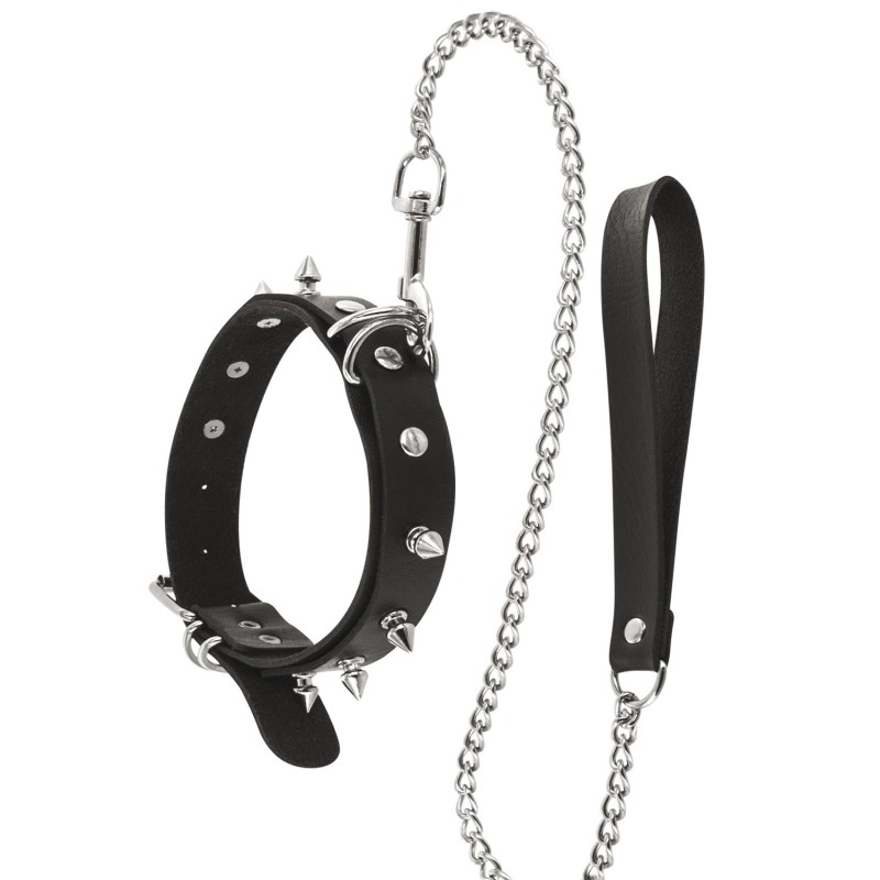 Collier fétichiste avec anneaux pointes et laisse métallique Collier fétichiste avec anneaux pointes et laisse métallique