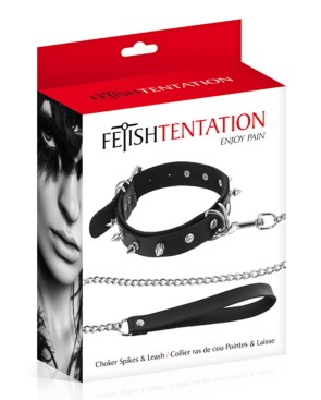 Collier fétichiste avec anneaux pointes et laisse métallique 