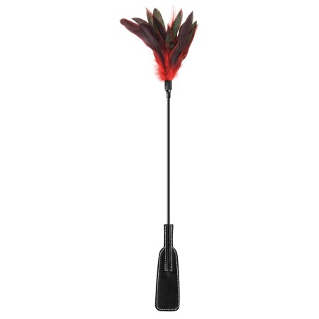 Cravache noire bdsm avec plumes noires rouges 