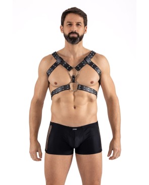 Harnais homme simili cuir avec sangles reliées par de larges anneaux 