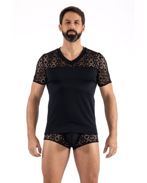 T-shirt noir résille brodée Shinny 