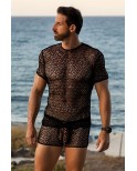 T-shirt noir sexy filet irrégulier fétichiste 