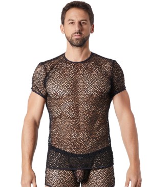T-shirt noir sexy filet irrégulier fétichiste 