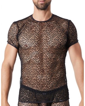 T-shirt noir sexy filet irrégulier fétichiste 