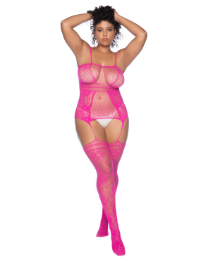 Combinaison grande taille en résille rose