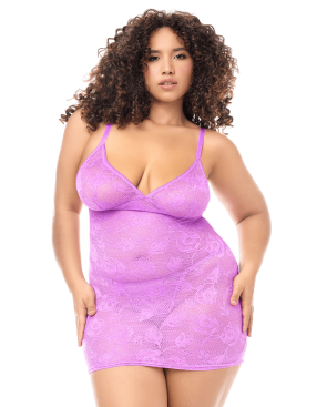 Babydoll grande taille dentelle violette et string 