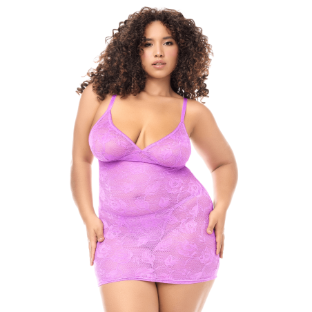 Babydoll grande taille dentelle violette et string 