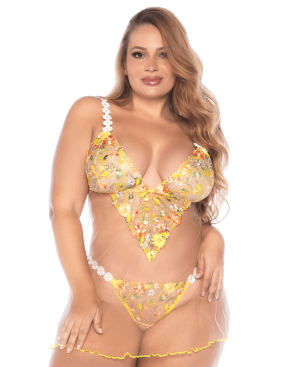 Nuisette grande taille transparente brodée jaune et string