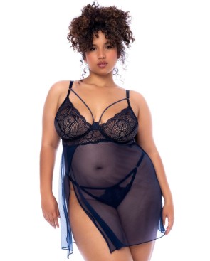 Nuisette grande taille bleu nuit et string