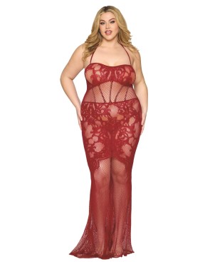 Nuisette longue grande taille en résille rouge 