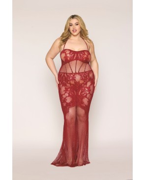 Nuisette longue grande taille en résille rouge 
