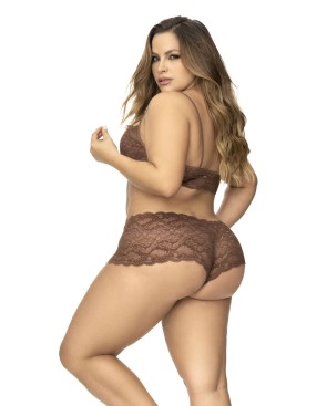 Ensemble 2 pièces en dentelle grande taille, top à bretelles et shorty couleur cacao