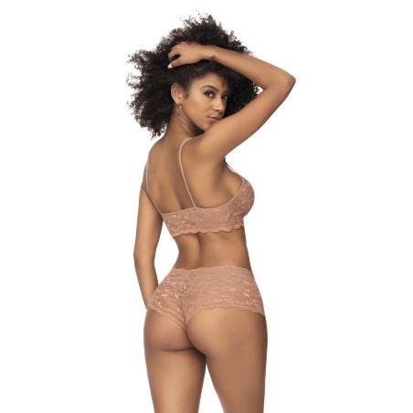 Ensemble 2 pièces en dentelle, top à bretelles et shorty couleur taupe