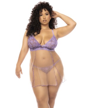 Nuisette grande taille couleur lavande et chair Verona, en dentelle et résille transparente 