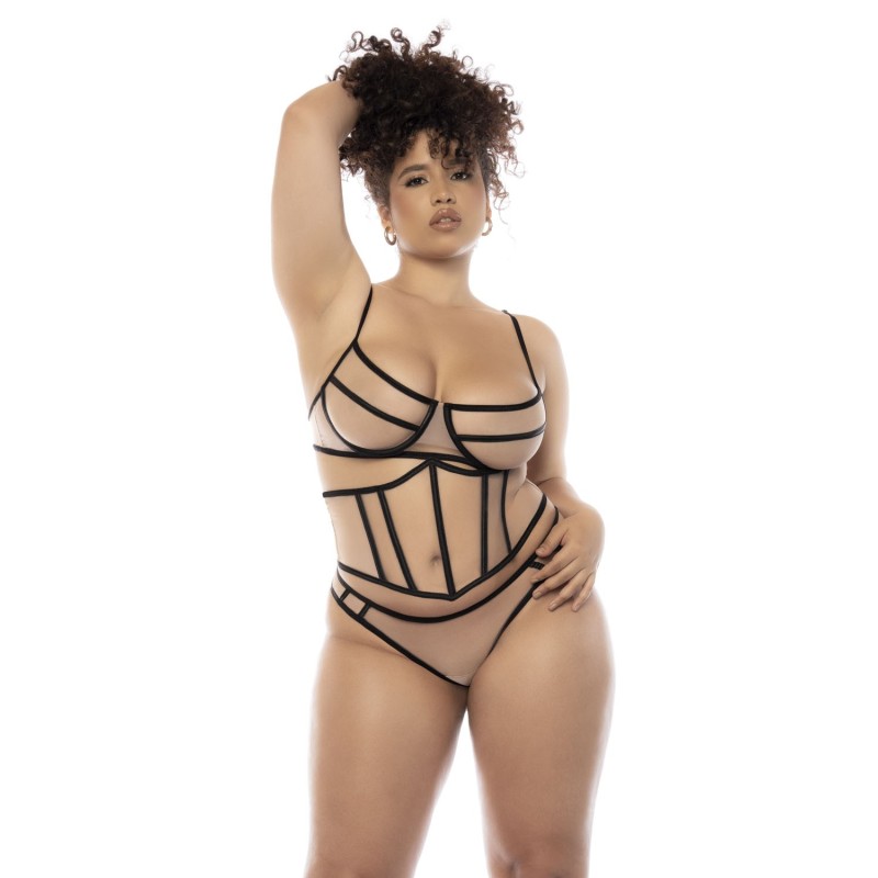 Ensemble 3 pièces noir et chair grande taille, soutien gorge avec armatures, serre taille et string 