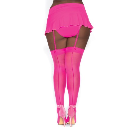 Bas nylon rose néon coutures grande taille pour jarretelles