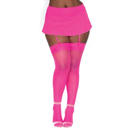 Bas nylon rose néon coutures grande taille pour jarretelles