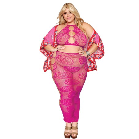 Ensemble Soutien-gorge et jupe longue en filet rose, grande taille