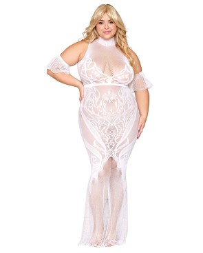 Robe bodystocking, grande taille, en résille t dentelle blanche